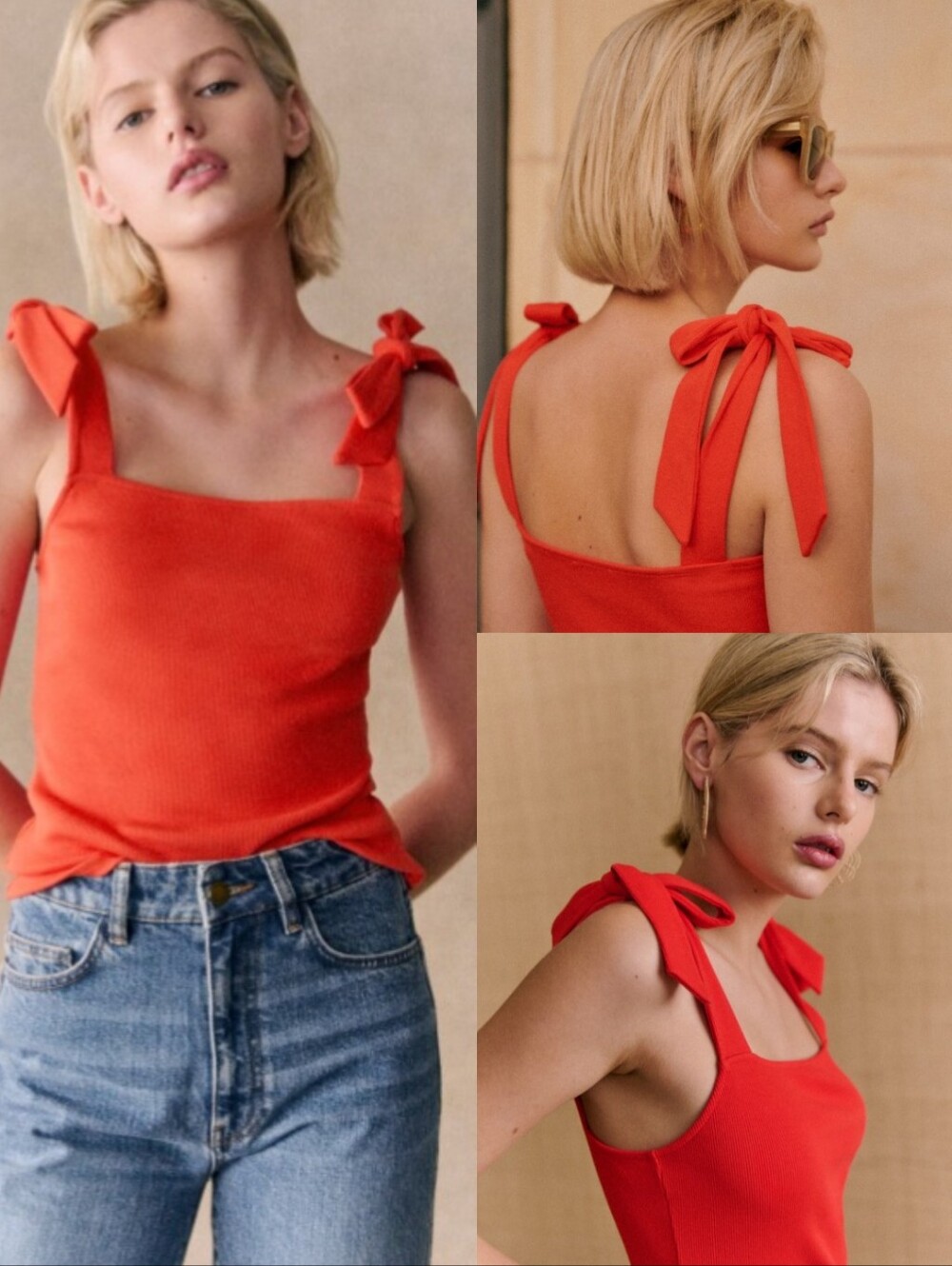 Sezane Aria Tank Top Sz S Fits M Tomato Red Bows Romantic French Square Neck